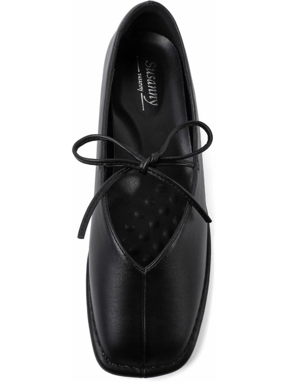 Women's Black PU Square Toe Strap Ballet Flats Lace up Bow Comfortable Shoes
